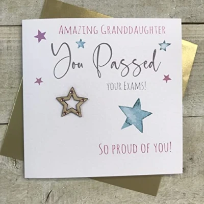 Image of White Cotton Cards AMAZING GRANDDAUGHTER, PASSED YOUR EXAMS CARD. STAR DESIGN (S299 GD)