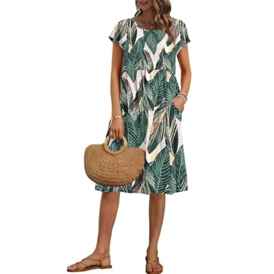 Image of AUSELILY Women&#039;s Summer Short Sleeve Knee Length Dresses Round Neck Loose Dress with Pockets Leaf Print XL