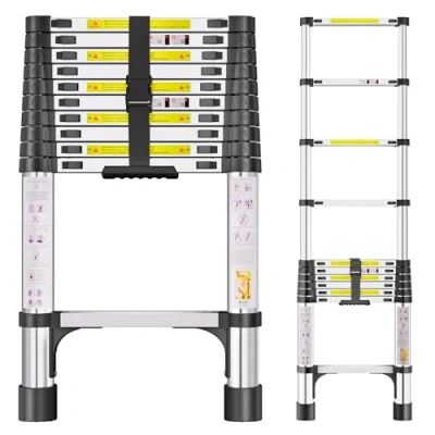 Image of Telescopic Ladder, 3.2M Stainless Steel Thickened High Strength Loft Portable Ladders Extendable with Non Slip Feet Adjustable Height for Roof Attic Caravans