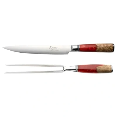 Image of Katana Elements 2 Piece Carving Knife and Fork Set, Volcanic Red, VG 10 Damascus Steel with Olivewood Resin Handle