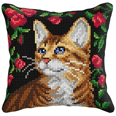 Image of Orchidea Cushion Cross Stitch Kit Cat Printed Canvas 4.5 Count for Adults 99035