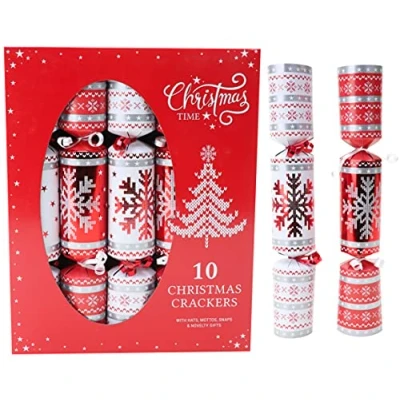 Image of Toyland® Pack Of 10 Red &amp; White Snowflake Nordic Christmas Crackers Dinner Table Decorations