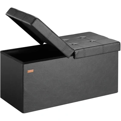 Image of CASARIA® Large Faux Leather Foldable Ottoman Chest Bench with Folding Padded Lid 80x40x40cm 100 Litres Decorative Shoe Storage Box Lounge Bedroom Hallway Furniture Black