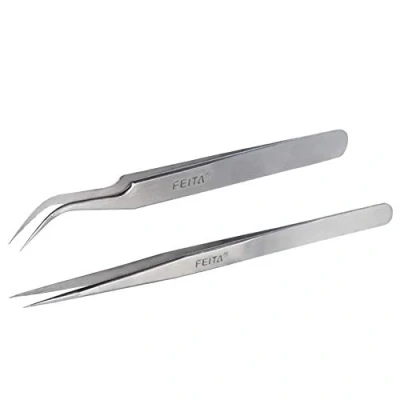 Image of Eyelash Tweezers FEITA Precision Extension Tweezer Set Professional Straight &amp; Curved Pointed Very Fine Tip for Lash Extensions Silver 2Pcs