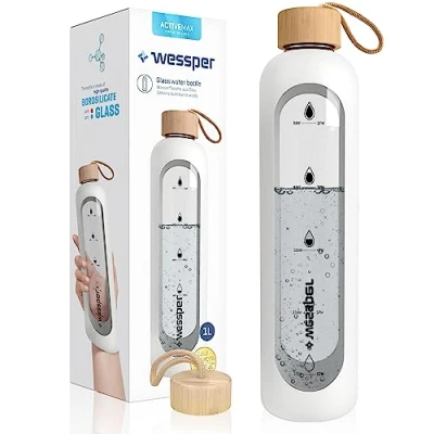 Image of Wessper Drinkmotivation Borosilicate Glass Bottle with Time Markings 1 Litre Airtight Drinking Bamboo Lid Reusable Silicone Cover White (WES260)
