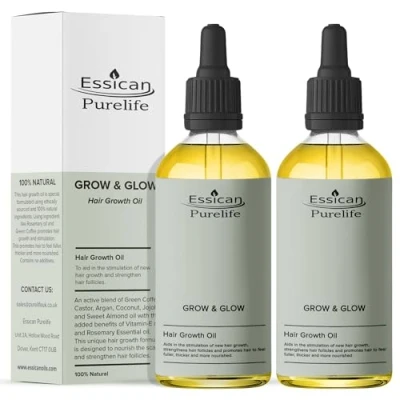 Image of Hair Growth Oil Twin Pack 100% Natural Oils 100ml Rosemary Oil, Argan Coconut Green Coffee, Vitamin E Castor Loss Treatment, Scalp Serum 2pcs