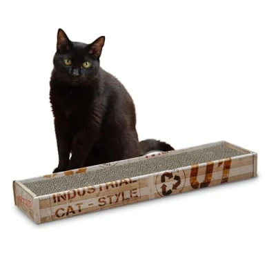 Image of Croci Cardboard cat scratching post, 2 reversible layers, with non slip feet, including bag of catnip, Industrial style, 48 x 12.5 5 cm