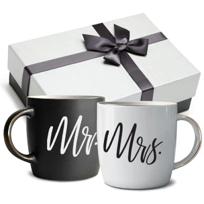 Image of Triple Gifffted Mr and Mrs Coffee Mugs Engagement Gifts for Couples, Wedding Anniversary, Newlyweds, Bride &amp; Groom, Christmas, Valentines Parents, His Hers, Ceramic Cup, 380ML