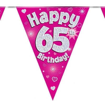 Image of Party Bunting Happy 65th Birthday Pink Holographic 11 flags 3.9m