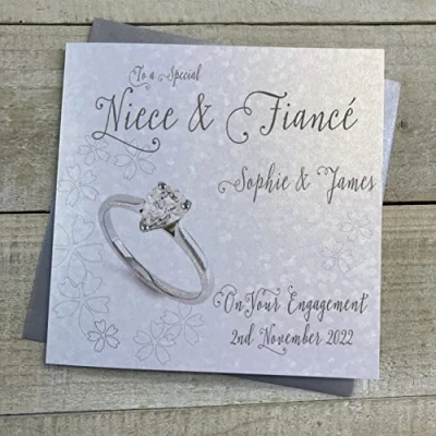 Image of WHITE COTTON CARDS PERSONALISED ENGAGEMENT CARD. ANY RELATION. NIECE &amp; FIANCÉ. TEARDROP CUT RING DESIGN. Handmade (P22 98 NIE XP22 NIE)