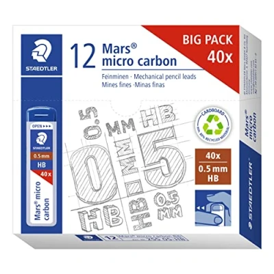 Image of STAEDTLER 255 05 HB Mars Micro Refill Leads for Mechanical Pencils HB, 0.5mm (Box of 12 x Tubes 40 Leads)