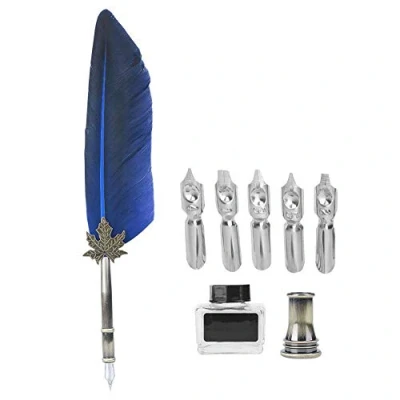 Image of Hztyyier Quill Pen Set Feather with 5 Nibs Calligraphy Writing for Holidays, Christmas, Birthdays Gifts in Gift Box(Blue)