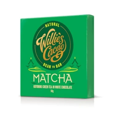 Image of Willie&#039;s Cacao matcha chocolate bar, White with ceremonial grade 50g x 12 Artisan Bean to bar