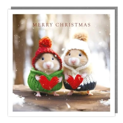 Image of General Christmas Card Hamsters Holding Knitted Love Hearts Festive Design Made in the UK Eco Friendly