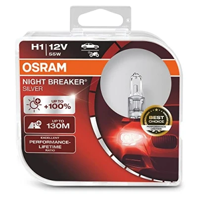 Image of OSRAM NIGHT BREAKER SILVER H1, +100% more brightness, halogen headlamp, 64150NBS HCB, 12V, passenger car, duo box (2 lamps)
