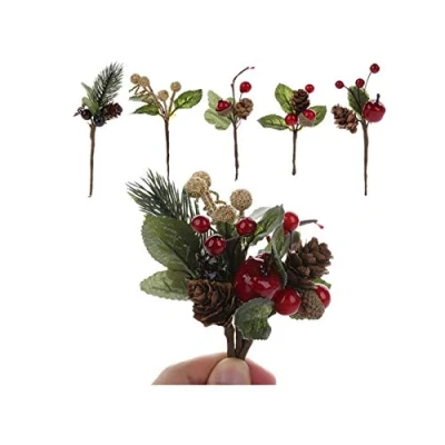 Image of LouisaYork Artificial Pine Picks, 30pcs Christmas Red Berries Cones Stems, Mini Stimulation Branches for Xmas Flower Arrangements Wreaths Decorations
