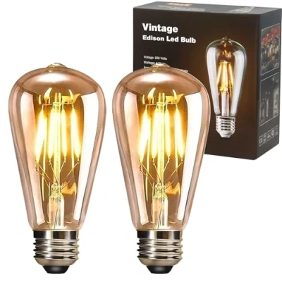 Image of YOUDIAN Led Edison Bulb, Vintage Light Bulb,4W E27 2700K ST64 Bulbs, Filament Antique Style Retro Amber Glass Screw Lamp 220V (2 Packs)