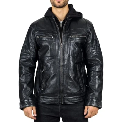 Image of TruClothing Men&#039;s Black Hooded Genuine Leather Motorcycle Biker Jacket 3XL