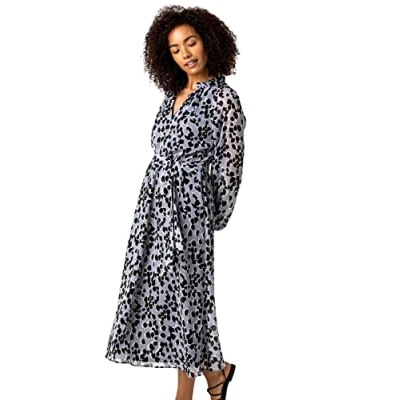 Image of Roman Originals Women Animal Print Belted Midi Dress Ladies Spring Everyday Summer Evening Vacation Work Holiday Long Sleeve Smart Casual Silver Size 12