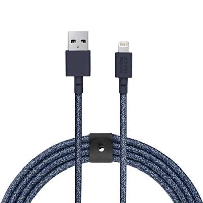 Image of Native Union BELT Cable XL 3m (10ft) Ultra Strong Reinforced [MFi Certified] Lightning to USB Charging with Leather Strap compatible iPhone/iPad (Indigo)