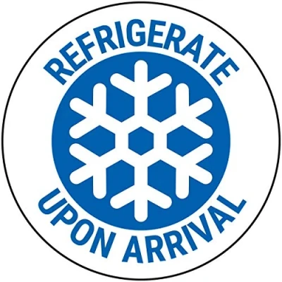 Image of V Safety Refrigerate Upon Arrival Black Sticker 50mm Diameter (Roll of 250)