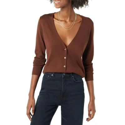Image of Amazon Essentials Women&#039;s Lightweight V Neck Cardigan Jumper (Available in Plus Size), Brown, M