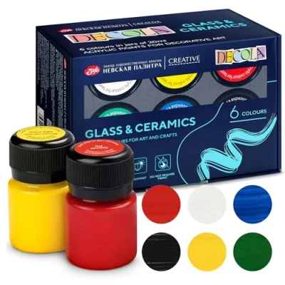 Image of Decola 6 Porcelain Colours Set 6x20ml Glass And Ceramic Permanent Paint High Coverage On Dark Surfaces Made By Nevskaya Palitra