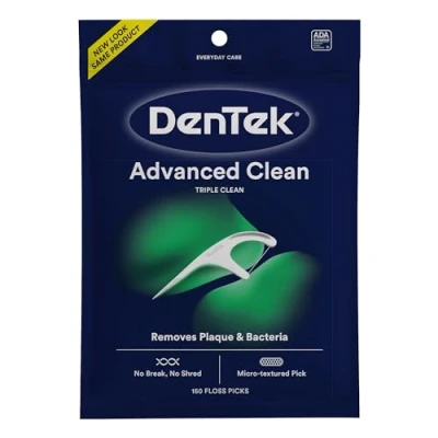 Image of DenTek Triple Clean Mint Flavoured and Fluoride coated Advanced Dental Floss Picks with 3 cleaning actions 150 Pack