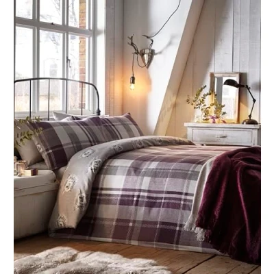 Image of Dreams &amp; Drapes Plum Checkered Duvet Cover Double Size (200 x 200cm) Soft 100% Brushed Cotton Reversible Design Purple Flannelette Woodland Bedding with Hedgehogs