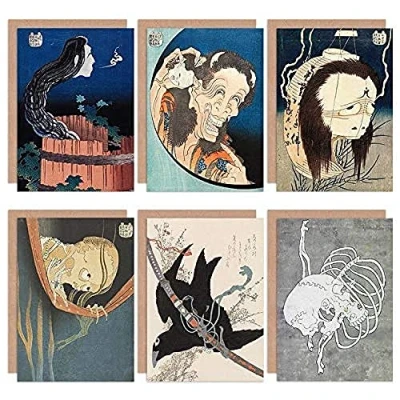 Image of Artery8 Katsushika Hokusai Japanese Skull Sword Ghost Demoness Mansion Fine Art Greeting Card Pack of 6