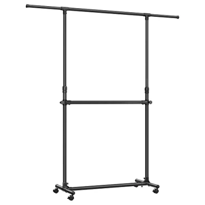 Image of SONGMICS Double Clothes Rail, Clothing Rack with Extendable Top Rail on Wheels, 113 180 cm Height Adjustable Rack, Middle Black LLR401B01