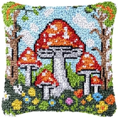 Image of CAIRF Latch Hook Kit Mushroom Pattern Cushion Kits for Aadults DIY Needlework Crafts Cover Case, 43 X cm