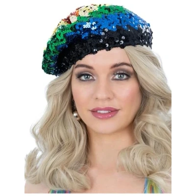 Image of Smiffys Sequin Beret, Rainbow, 1970&#039;s Disco Fancy Dress, 1970s Dress Up Hats