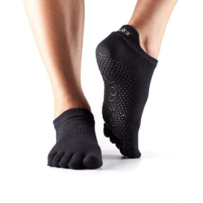 Image of 1 Pair Black Full Toe Organic Cotton Low Rise Yoga Socks Ladies 9 10.5 Unisex ToeSox