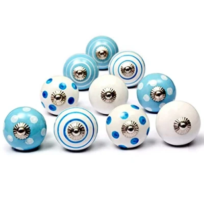 Image of Set of 10 Ceramic knobs with Different Mosaic Designs, Hand Painted. Handcrafted Handles for cabinets, Drawers, Dressers and Hangers.Classic 40 mm Diameter.