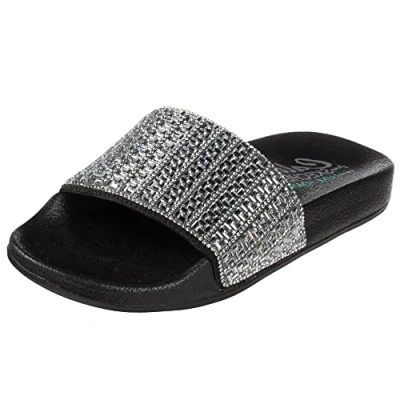 Image of Skechers Women&#039;s POP UPS Sandal, Black Canvas/Rhinestone Trim, 8 UK