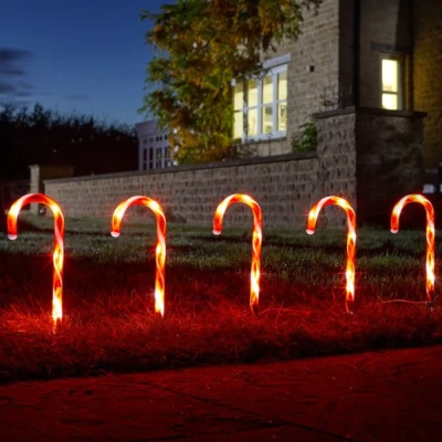 Image of Set of 6 Light up Red &amp; White Stripe Christmas Candy Cane Garden Stakes with LEDs