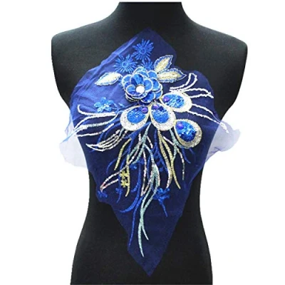Image of SUNMOVE Large Embroidery Sequin Flower Lace Applique Net Trim Sewing Fabric Collar Patch Motif Wedding Bridal Dress DIY (Blue)