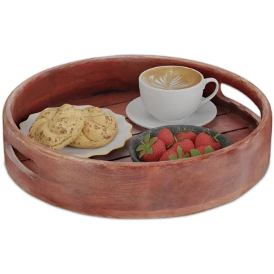 Image of Relaxdays Serving Tray, Mango Wood, HWD: 7.5 x 36 cm, Handles and High Rim, Round, Decorative, Breakfast, Brown