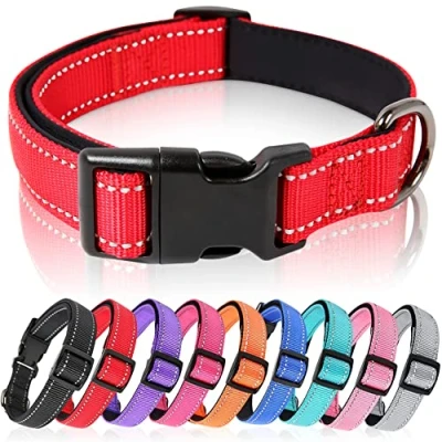 Image of HEELE Dog Collar, Reflective Soft Neoprene Padded Breathable Nylon Pet Collar Adjustable for Medium Dogs, Red, M(34 52cm)