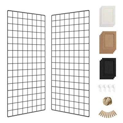 Image of Wall Photo Grid Shelf, Hanging Ins Art Display Panel for Decor &amp; Storage, Metal Wire Notice Boards Memo Board, Mesh Tool Organiser, Frame 2 Pcs (Black, 15.7 x 31.5 inches)