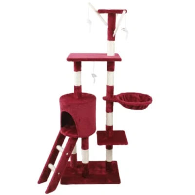 Image of Cat Scratching Post Multi Level Tree Climbing Activity Tower Dangling Toy Condo Viewing Platform (Burgundy)