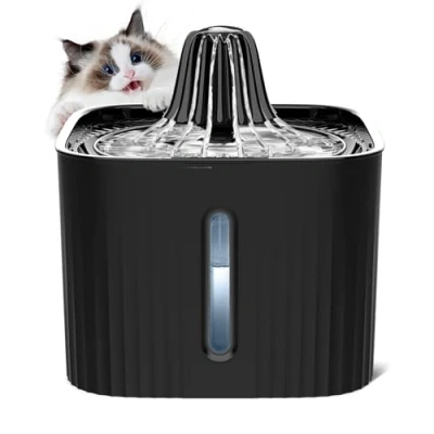Image of E SMARTER Cat Water Fountain for Drinking, 2L Quiet with Activated Carbon Filter &amp; Sponge, Visible Level Pet Bowl, Cactus Shaped, Multiple Pets, Black
