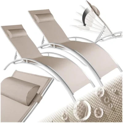 Image of TecTake® 2x Garden sun lounger with Removeable Head Cushions, Weather Resistant 5 Adjustable Backrest Positions, set for Camping Patio beige