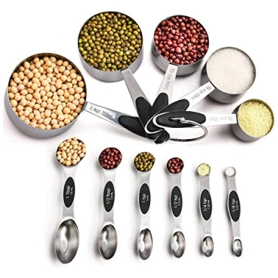 Image of Magnetic Measuring Spoons and Stainless Steel Cups Set of 11, 5 &amp; 6 Double Sided Stackable Measuring, Dry Liquid Ingredients.