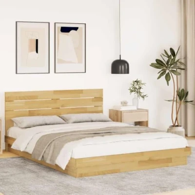 Image of vidaXL double bed frame with headboard solid oak wood and plywood slatted base suitable for bedroom 160x200 cm