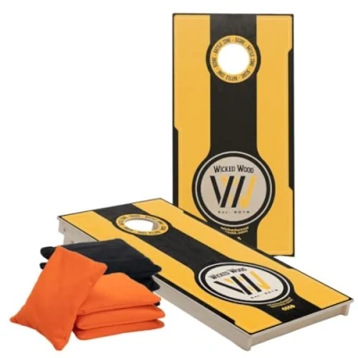 Image of Wicked Wood Games Official Cornhole Set 120x60cm (4’x2’) Competition Size Including 2 Boards + 2x4 Bags (Orange &amp; Black) Print Outdoor Use (Battle Zone Design)
