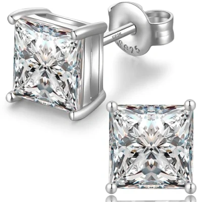 Image of White Gold Earrings for MenWomen Diamond Stud Silver Set Cubic Zirconia Sterling Studs CZ Hypoallergenic Ear 8mm