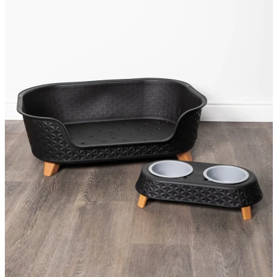 Image of 77cm x 58cm Black Plastic Dog Pet large Raised Basket with Legs and Double Pet/Dog Bowl Feeder Stand Set bed