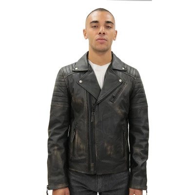 Image of Infinity Men&#039;s Black Slim Fit Cross Zip Vintage Brando Leather Biker Jacket 4XL